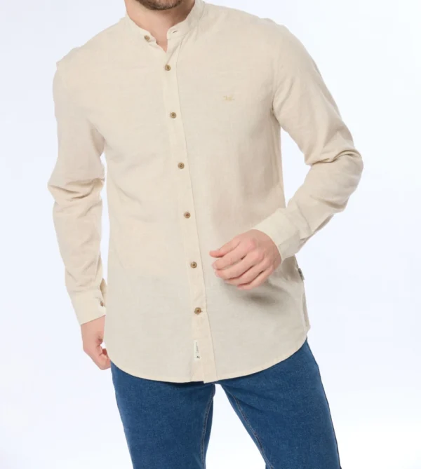 Camisa de lino cuello Mao Beige - Imagen 4