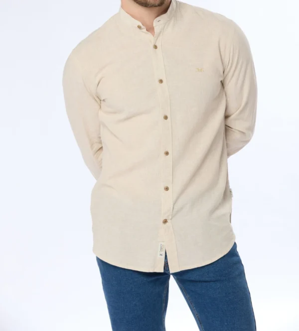 Camisa de lino cuello Mao Beige - Imagen 3