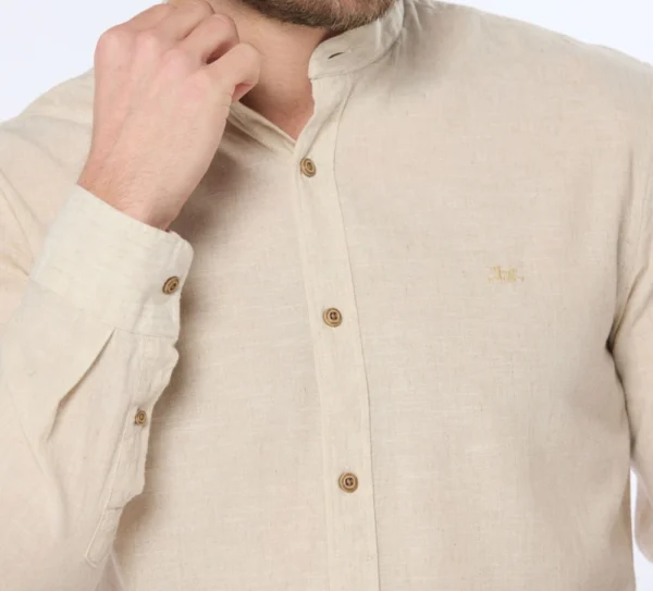 Camisa de lino cuello Mao Beige - Imagen 2