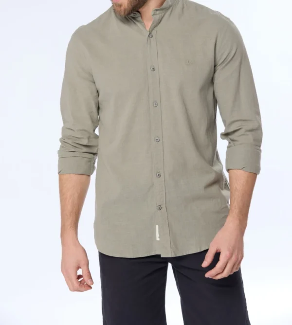 Camisa de lino cuello Mao Verde - Imagen 3