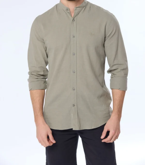 Camisa de lino cuello Mao Verde - Imagen 4